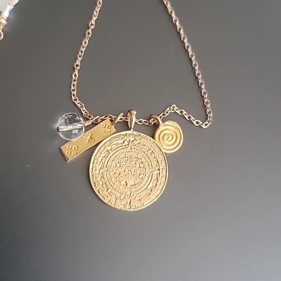 NWT Women's Necklace Gold Handmade Aztec Medallion Charms Quartz Boho Layering - Picture 2 of 8
